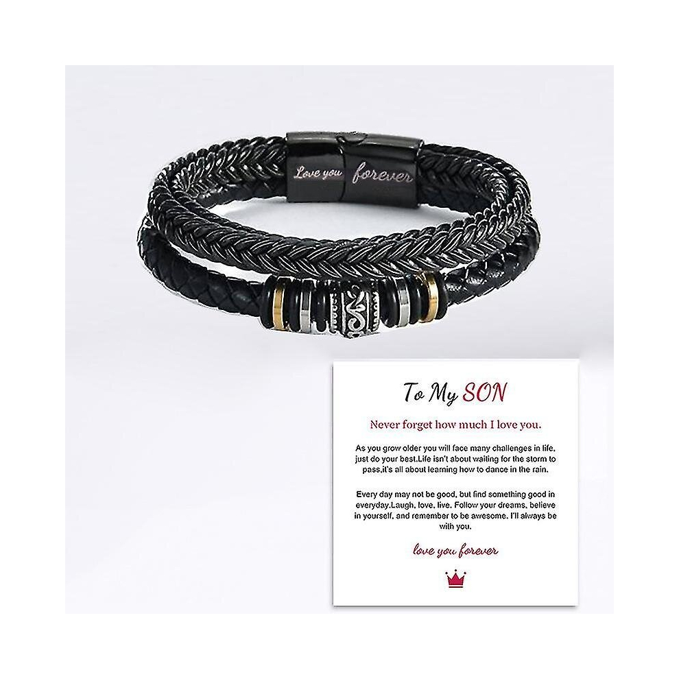 To My Son Love You Forever Bracelet, Braided Leather Bracelet For Men, Stainless Steel Personalized Engraved Bracelet