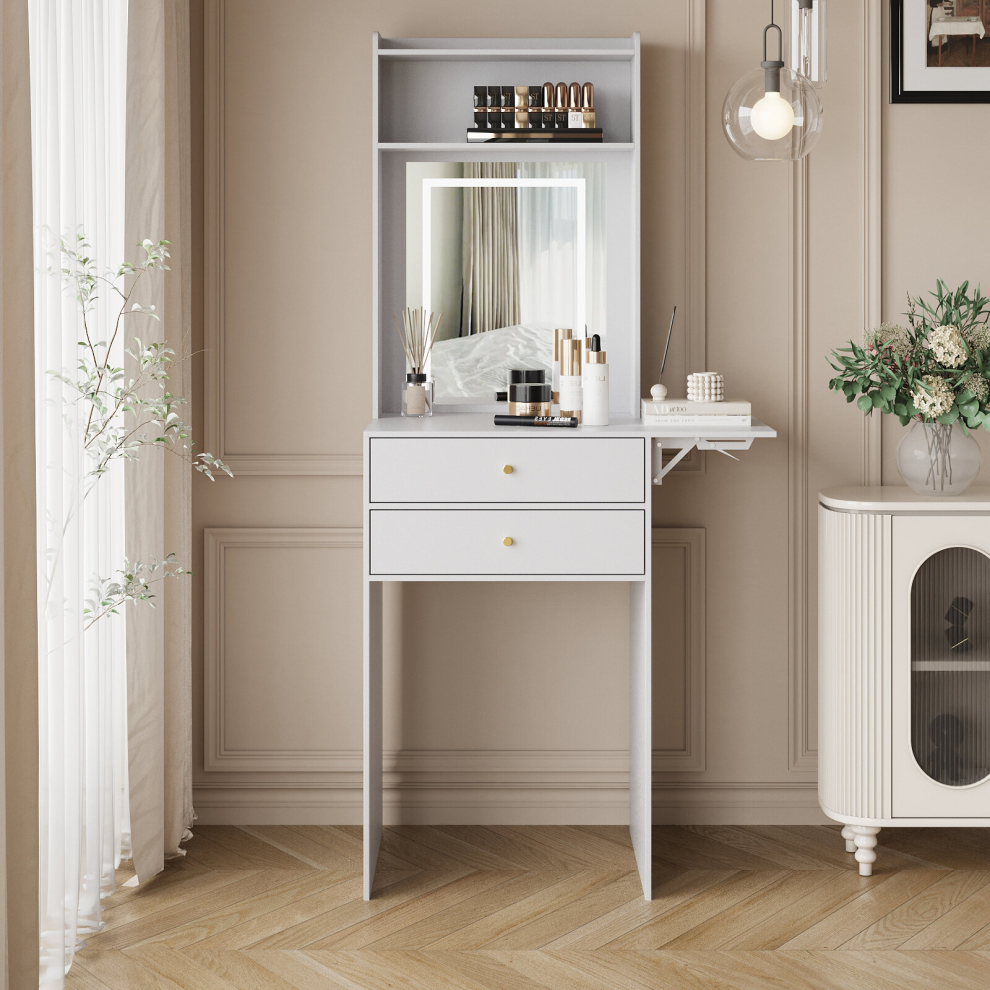 Dressing Table Set 3 Modes LED MIrror with Side Shelf 2 Drawer White