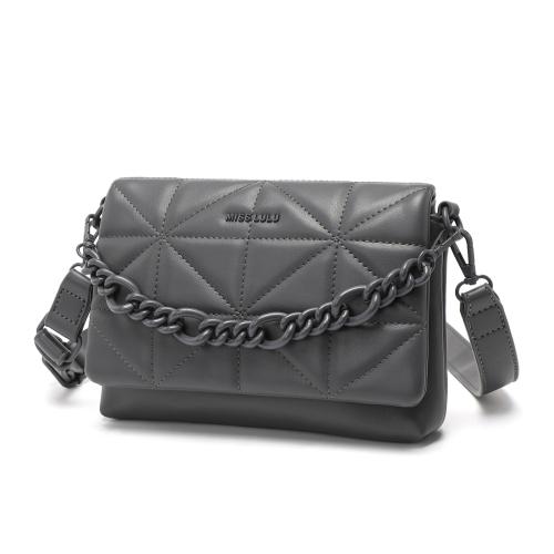 Miss Lulu (Grey) Chic Quilted Shoulder Bag With Chain Strap 2