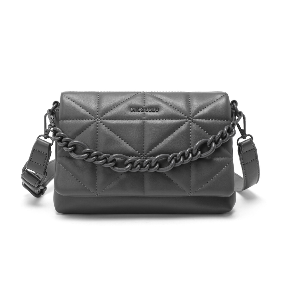 Miss Lulu (Grey) Chic Quilted Shoulder Bag With Chain Strap Grey