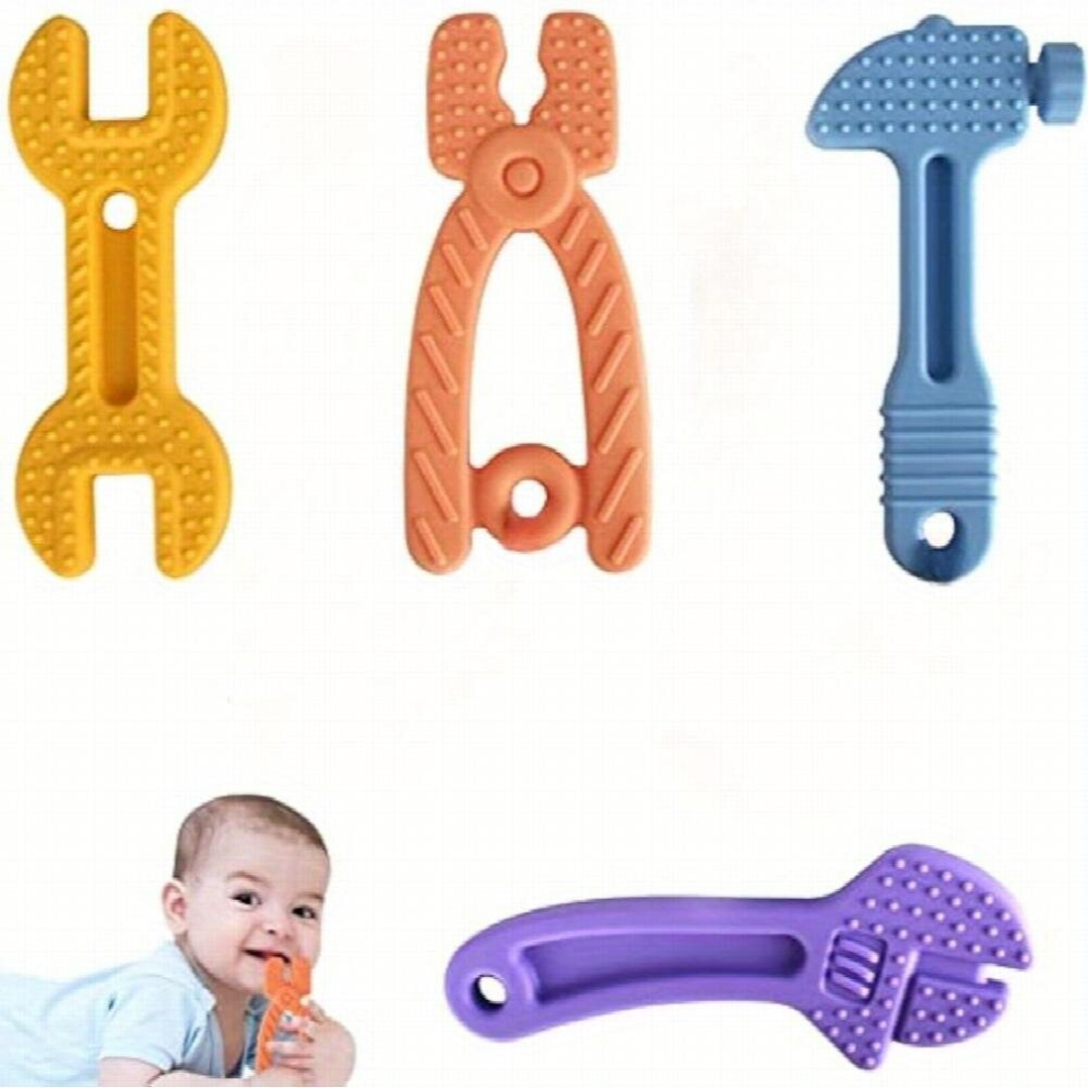 4 Pcs Soft Silicone Teething Toys for Toddlers Infant Hammer Spanner Wrench Pliers Tools Shape Baby Teethers Relief Soothe Babies Gums Set Hammer Set