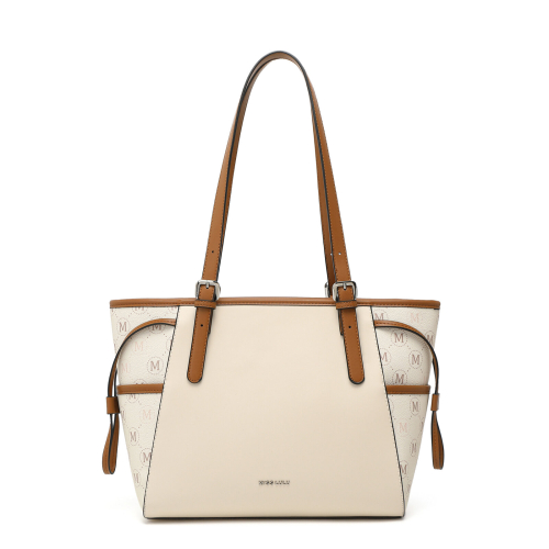 (Beige and Brown) Elegant Tote Bag with Monogram Pattern