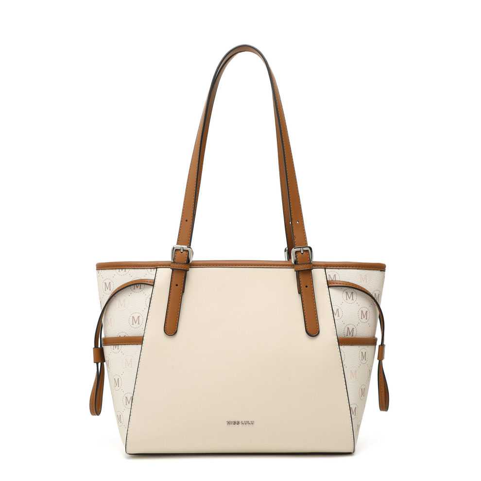 (Beige and Brown) Elegant Tote Bag with Monogram Pattern