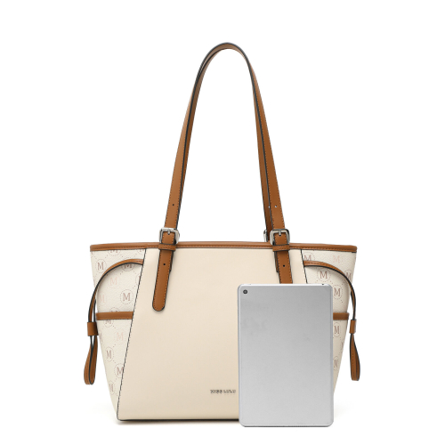 (Beige and Brown) Elegant Tote Bag with Monogram Pattern 1