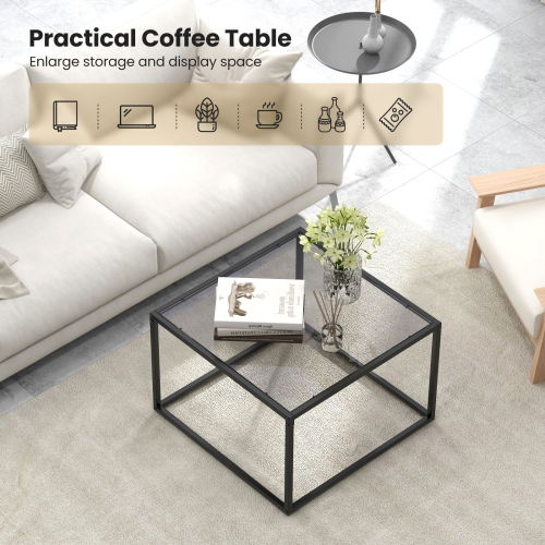 Costway Tempered Glass Top Coffee Table Home Square Tea Table Accent Sofa Side Table 2