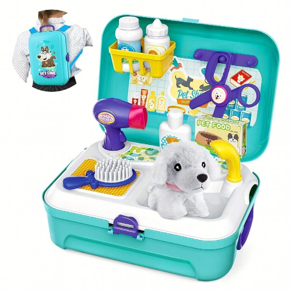 Pet Care Role Play Set Grooming Toys Feeding Dog Backpack Vet Kit Toy For Kids Children 16 Pcs