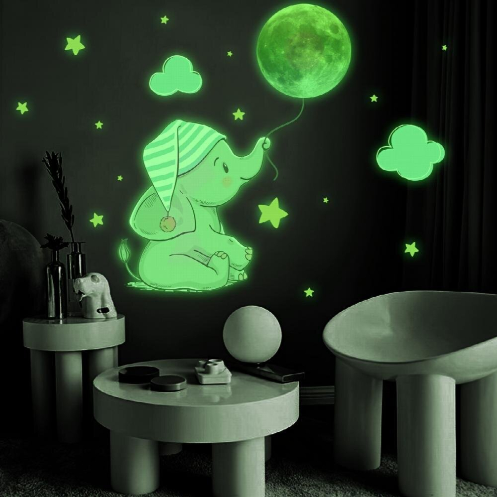 Luminous Little Elephant Moon Wall Sticker Luminous Wall Sticker Detachable Waterproof Adhesive Sticker Living Room bedroom Background Switch Mobile P