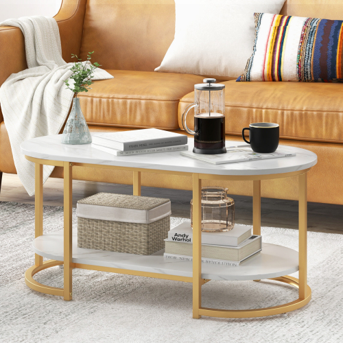 Costway Modern Faux Marble Coffee Table 2-Tier Rectangular Chic Cocktail Accent Table 2