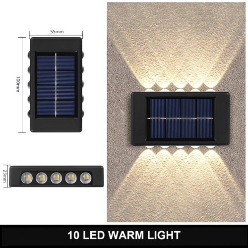 (10LED-Warm light) Solar Wall Lamp Outdoor Waterproof Up and Down Luminous Lighting for Garden Fence Decoration Sunlight Light