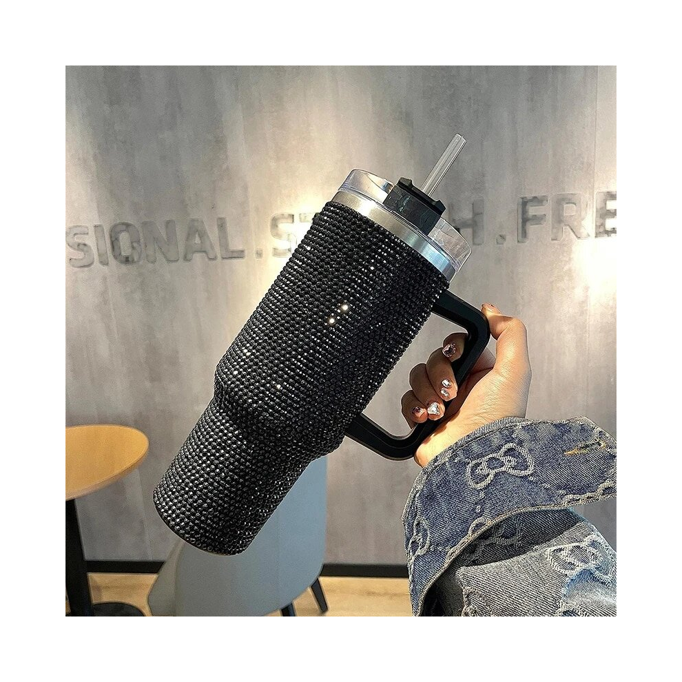 (Black Diamond, 40oz 1200ml) 40oz Rhinestone Embellished Coffee Mug Stylish Luxury With Handle Lid Straw Tumbler Drinkware Thermos Stainless Steel Vacuum Cup