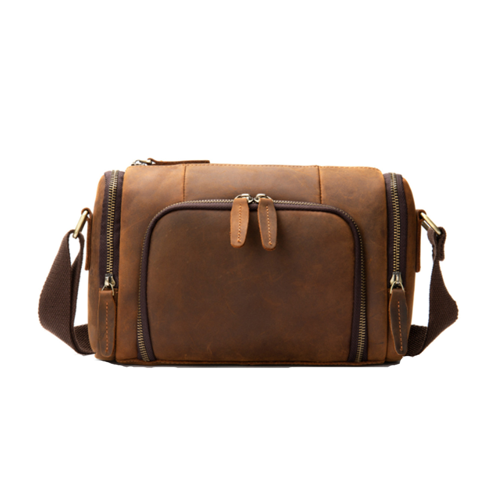 Small Horizontal Cylinder Bag Leather Shoulder Bag Vintage Diagonal Span for Men