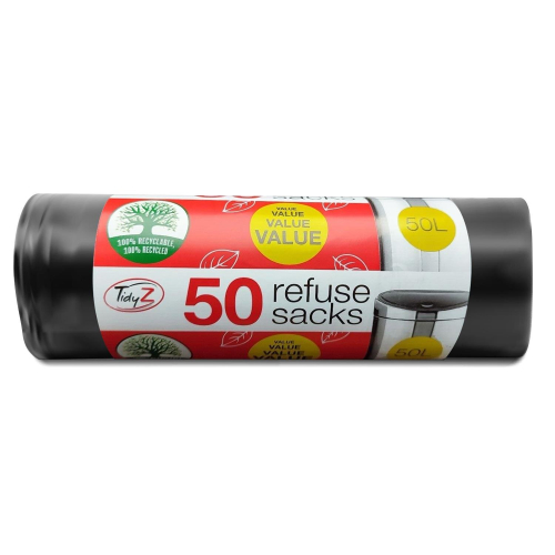 Tidyz 50 Black Refuse Sacks Bin Bags, 50L on OnBuy