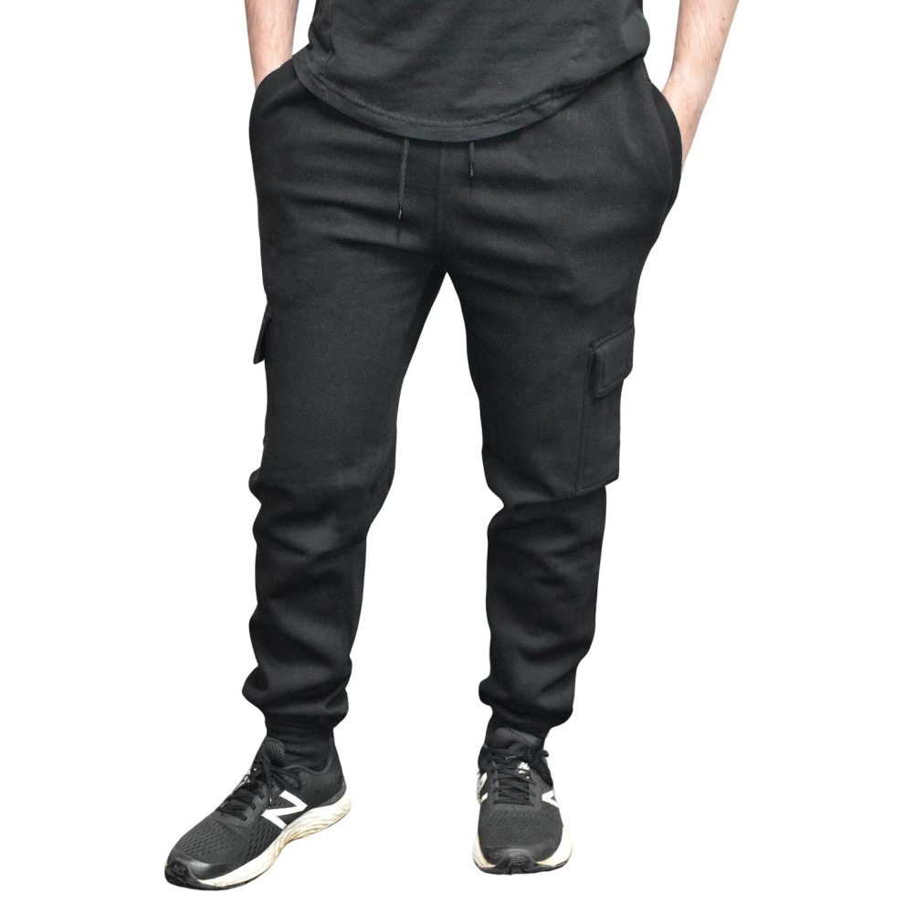 (Black, XL) Mens Cargo Bottoms Casual Fleece Combat Trousers