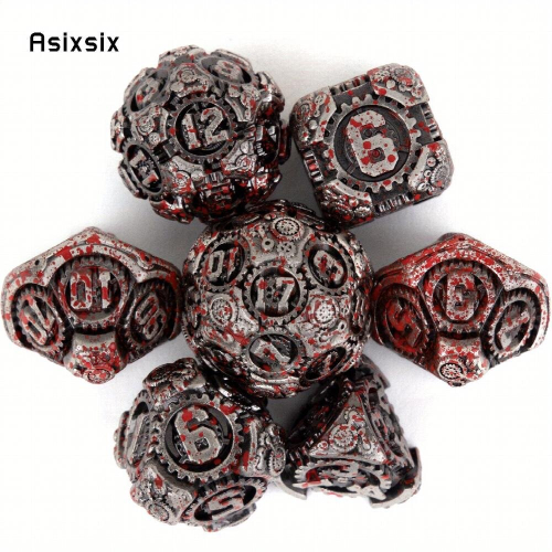 7pcs Silvery And Red Gear Wheel Solid Metal Polyhedral Dice Set Suitable For Role Playing Board Game 2