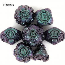 7pcs Purple And Green Gear Wheel Solid Metal Polyhedral Dice Set Suitable For Role Playing Board Game