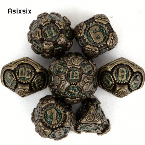 7pcs Green Copper Gear Wheel Solid Metal Polyhedral Dice Set Suitable For Role Playing Board Game