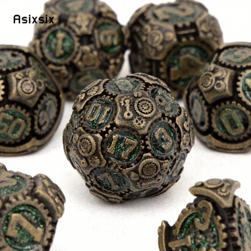 7pcs Green Copper Gear Wheel Solid Metal Polyhedral Dice Set Suitable For Role Playing Board Game 1