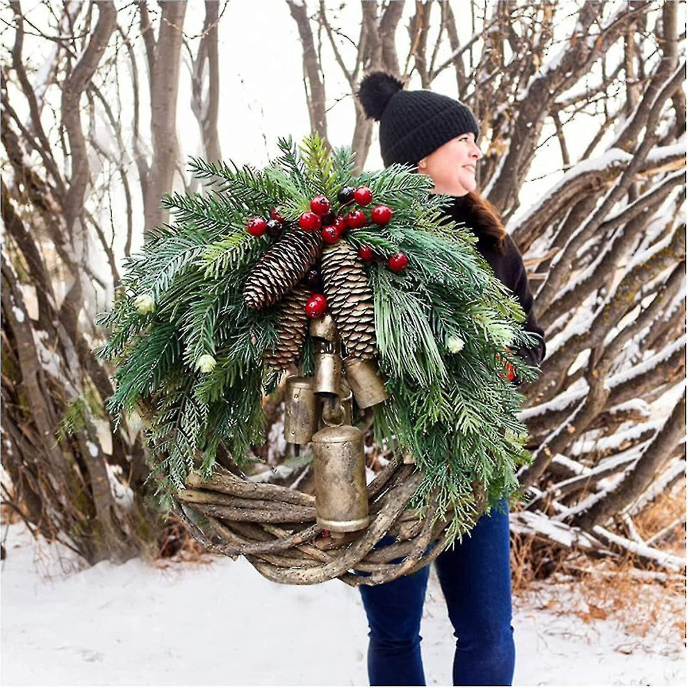 Farmhouse Christmas Wreaths For Front Door, 14 Inch Rattan Wreaths For Decorating Christmas, 2021 Golden Bells Hang Center Door Winter Wreath