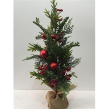 Red Berries & Ball Ornaments on Green Boughs Potted Christmas Tree