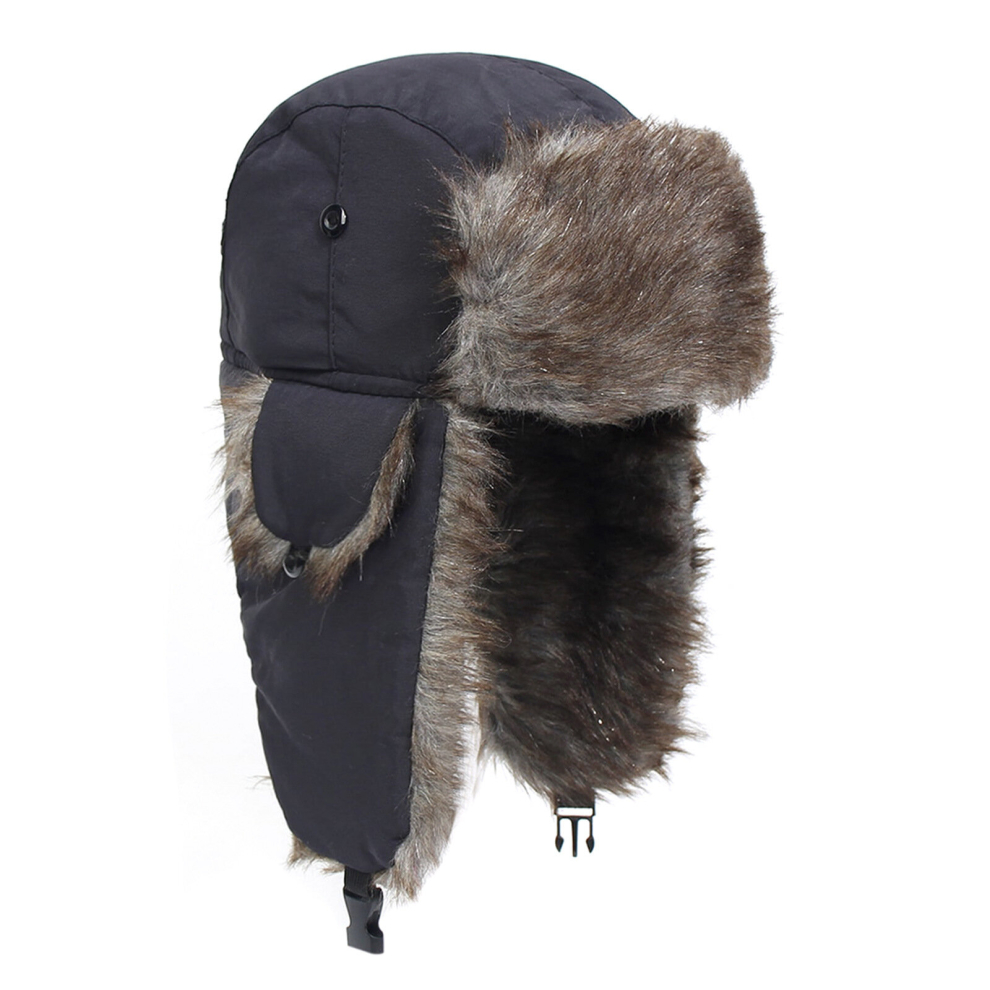 (Black) Men's Winter Trapper Aviator Trooper Earflap Warm Russian Waterproof Ski Hat Bomber Cap Russian Warm Ear Protectors Hats