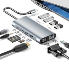 11-in-1 USB C HUB Adapter Docking Station with 4K-HDMI, VGA, USB 3.0 port, Type C PD, RJ45 Ethernet, SD/TF Card Reader, 3.5mm AUX