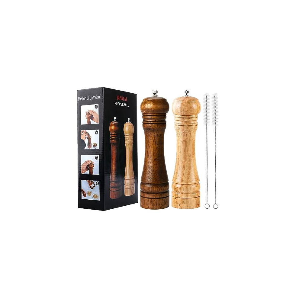 BINHAI Wooden Pepper Mill Set Salt Pepper Grinder Kit Manual Mills Solid with Strong Adjustable Ceramic Grinders 2 Piece 8 Inches