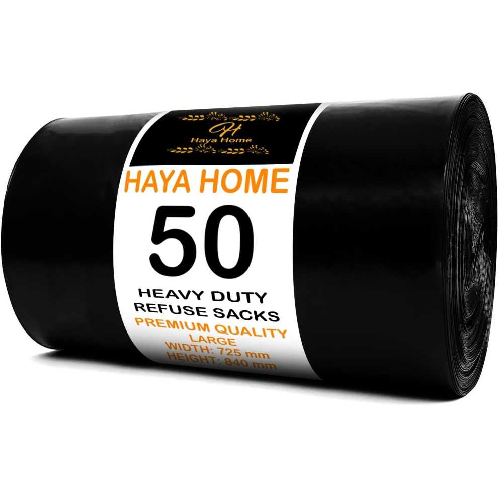 Haya Home 50 Black Plastic Bin Bags Liners Refuse Sacks Pack of 50 X 1 Heavy Duty Waste Dustbin roll 100L DIY Garden Made from 100% Recycled Material