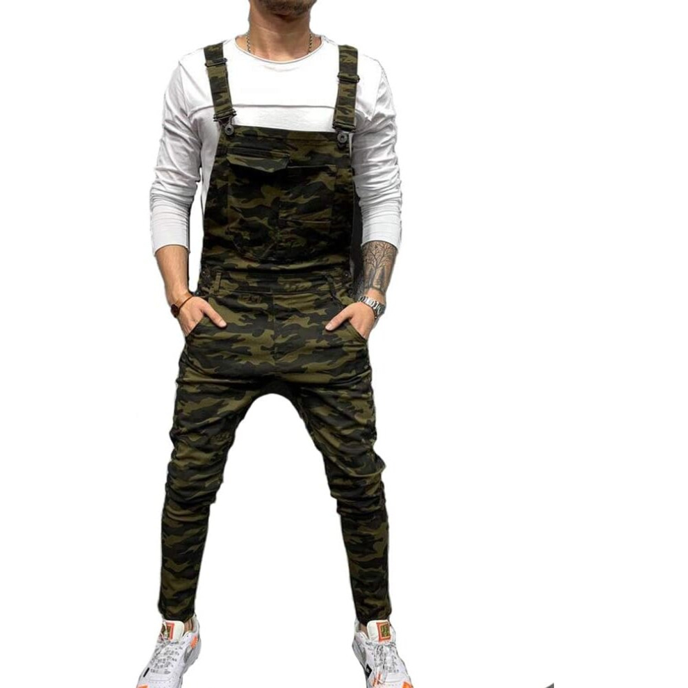 (s, Camo) Men Jeans Jumpsuits Street Distressed Denim Bib Overalls Mens Casual Suspender Pants