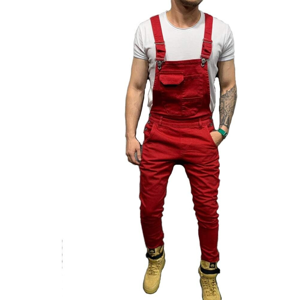 (l, Wine-Red) Men Jeans Jumpsuits Street Distressed Denim Bib Overalls Mens Casual Suspender Pants