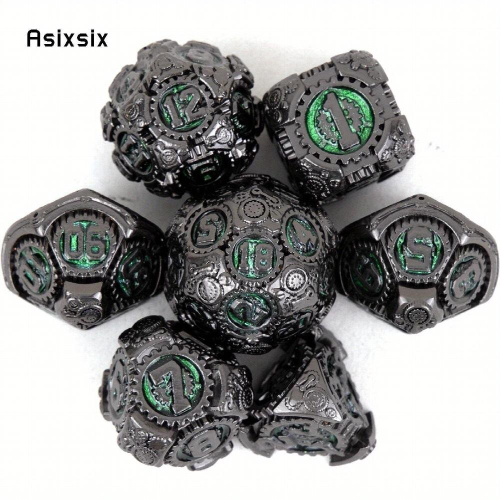 7pcs Green And Gear Wheel Solid Metal Polyhedral Dice Set Suitable For Role Playing Board Game