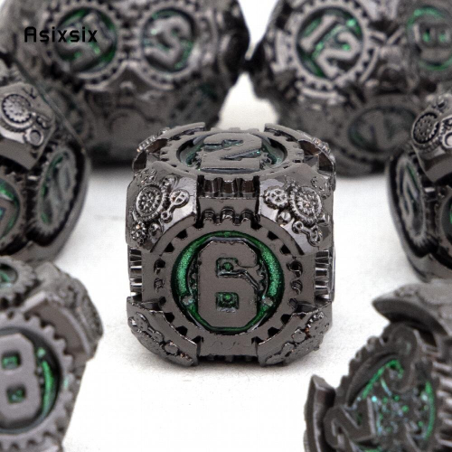 7pcs Green And Gear Wheel Solid Metal Polyhedral Dice Set Suitable For Role Playing Board Game 1