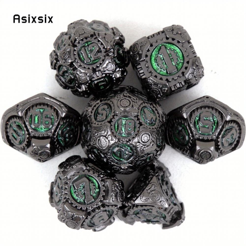 7pcs Green And Gear Wheel Solid Metal Polyhedral Dice Set Suitable For Role Playing Board Game 2