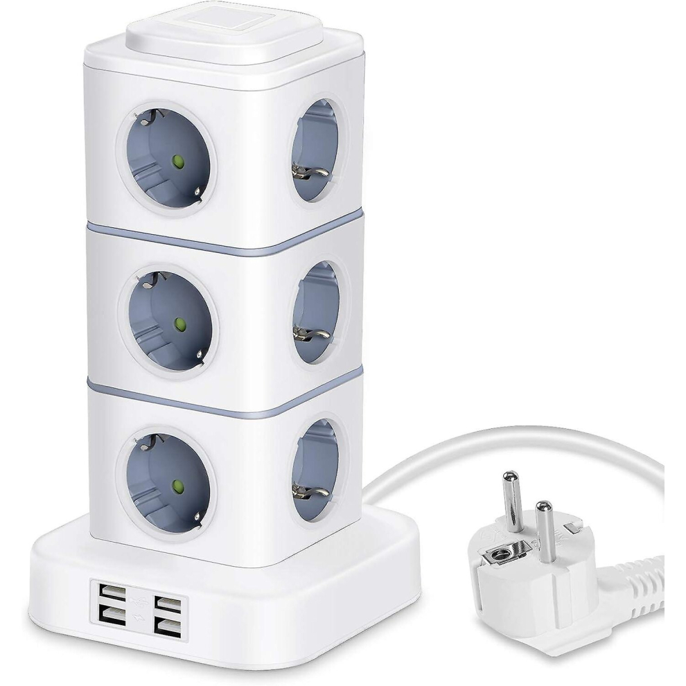 Vertical Power Strip, 12 Power Strip Outlets With 4 Usb Ports, Vertical Power Strip With Surge Protector For Home Office, 3M Extension Cord (2500W/10A 9326616311097