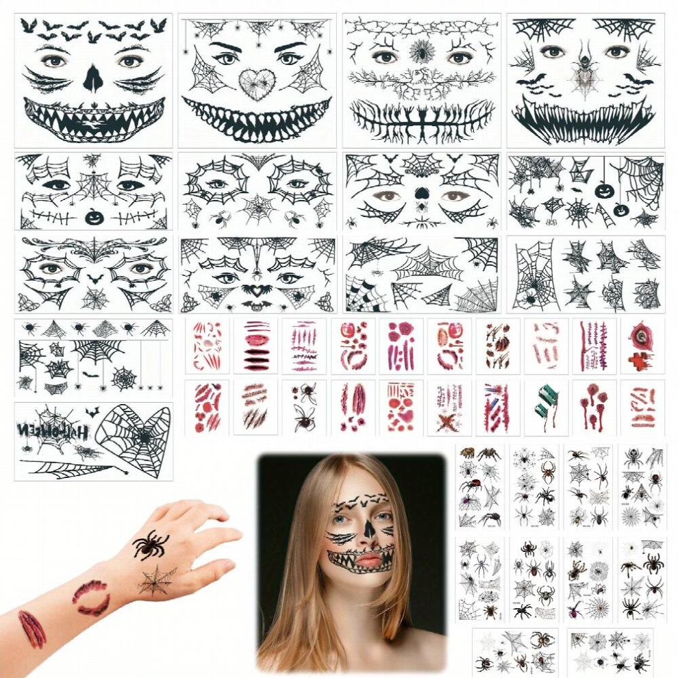 44 Pieces Of Halloween Masquerade Party Tattoo Stickers Halloween Face Stickers 3D Spider Tattoo Stickers Simulated Horror Scar Tattoo Stickers Suitab