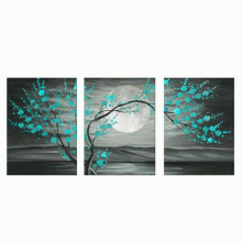 3pcs Grey And Teal Floral Canvas Plum Blossom Tree Printed On Canvas Gallery Wrapped Full Moon Flower Pictures Living Room Traditional Paintings No Fr
