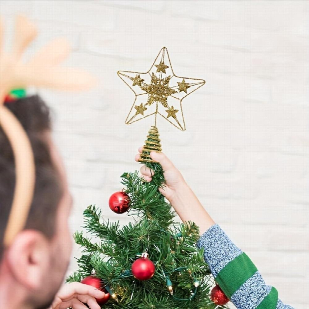 1pc Christmas Tree Top Decoration Golden Hollow Powdered Iron Christmas Tree Top Star Five pointed Star Christmas Supplies-image-OPC-PD5Q7J6-NEW