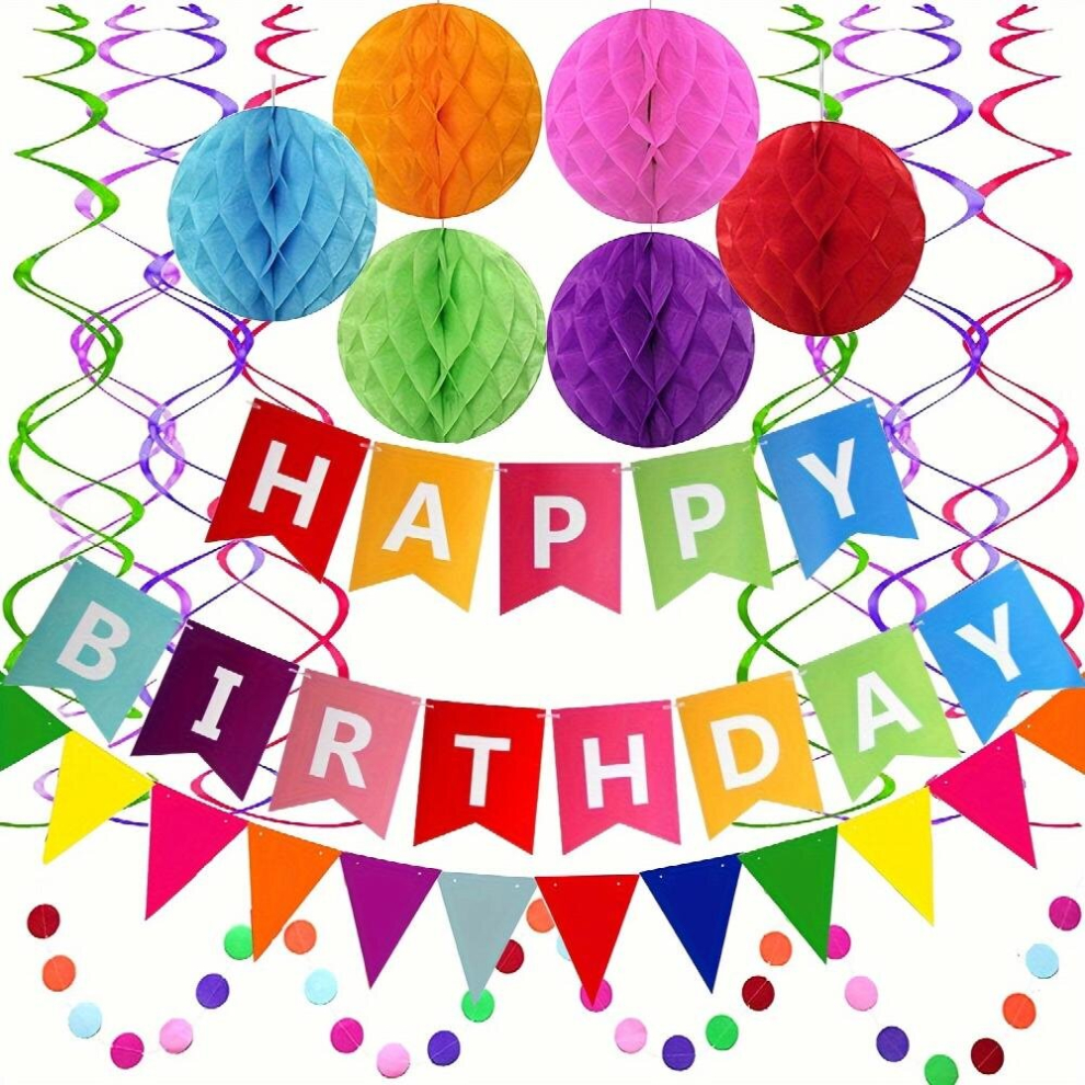 Happy Birthday Banner With Colorful Paper Flags Bunting Circle Confetti Garland Swirls Ribbon Honeycomb Balls For Birthday Party Decoration