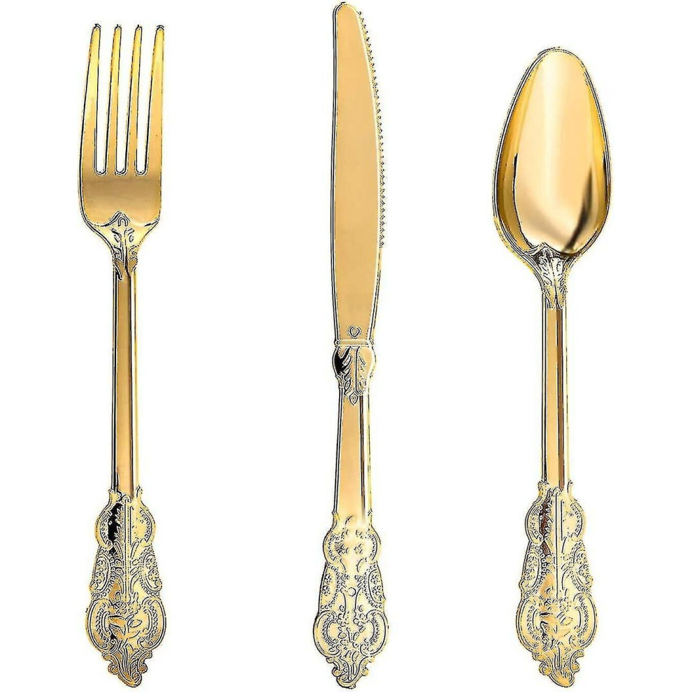 300pcs Gold Plastic Silverware Dinnerware Flatware- Heavyweight Gold Plastic Cutlery Set, 100 Gold Forks, 100 Gold Spoons, 100 Gold Knives, Gold Utens