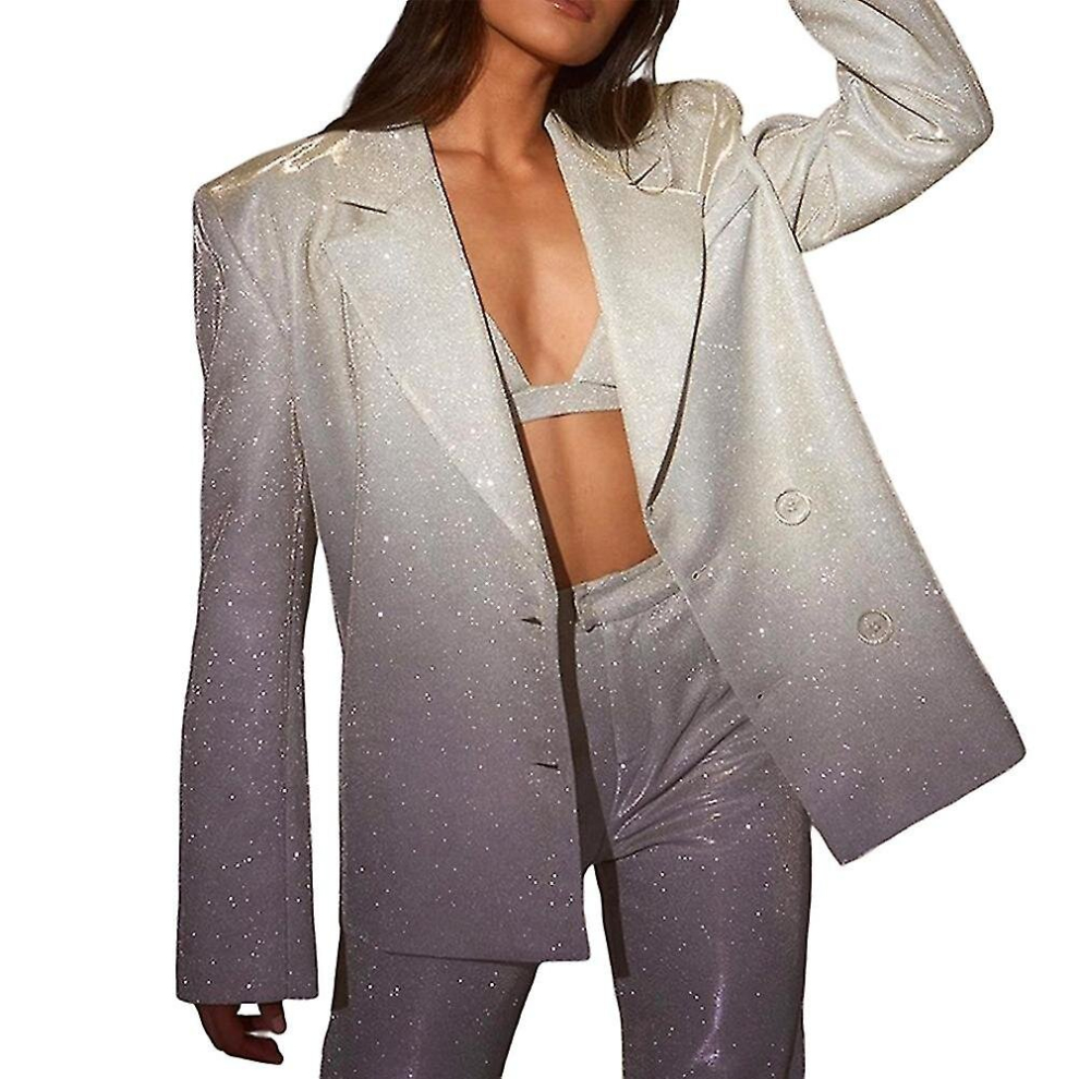 (M) Fashion Sequin Silver Blazer Jacket Suit For Women, Spring/summer Clothing, Crop Top And Bodycon, Elegant And Chic