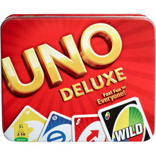 UNO Deluxe Card Game for with 108 Card Deck in Storage Tin for 2 to 10 Players, Family Night Game for Camping and Travel for 7 Year Olds and Up