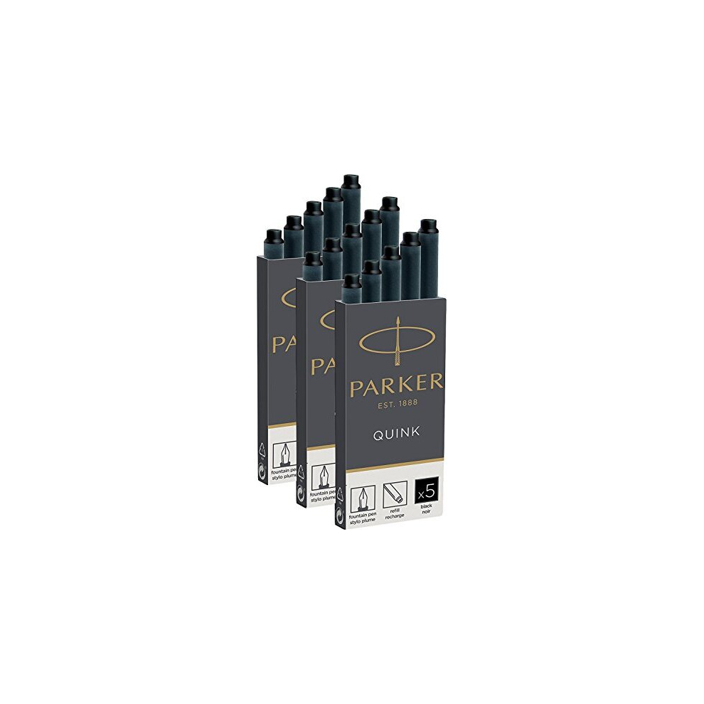 Parker Quink Fountain Pen Ink Cartridges - Long Size - Pack of 15 - Black