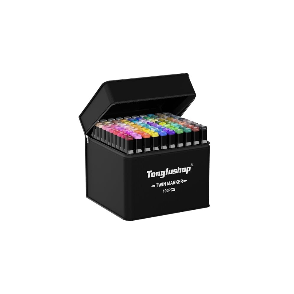 Tongfushop 100 Colored Marker Set, Colouring Pens, Permanent Marker Pens, Art Pens for Kids & Adults, Twin Markers for Drawing, Sketching, Anime and
