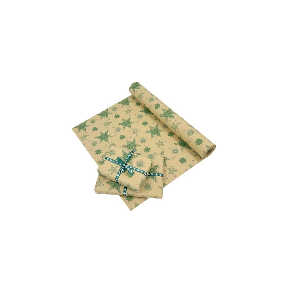 43cm?20M Christmas Wrapping Paper Roll, Kraft Gift Wrapping Paper Printed with Green Stars Recyclable Kraft Paper Roll for Christmas Birthday Wedding