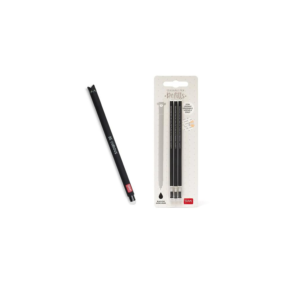 Legami - Set of 1 Erasable Gel Pen and 3 Refill, Cat Theme, Ball on End to Remove Ink - Black Thermosensitive Ink Tip Diameter 0.7 mm