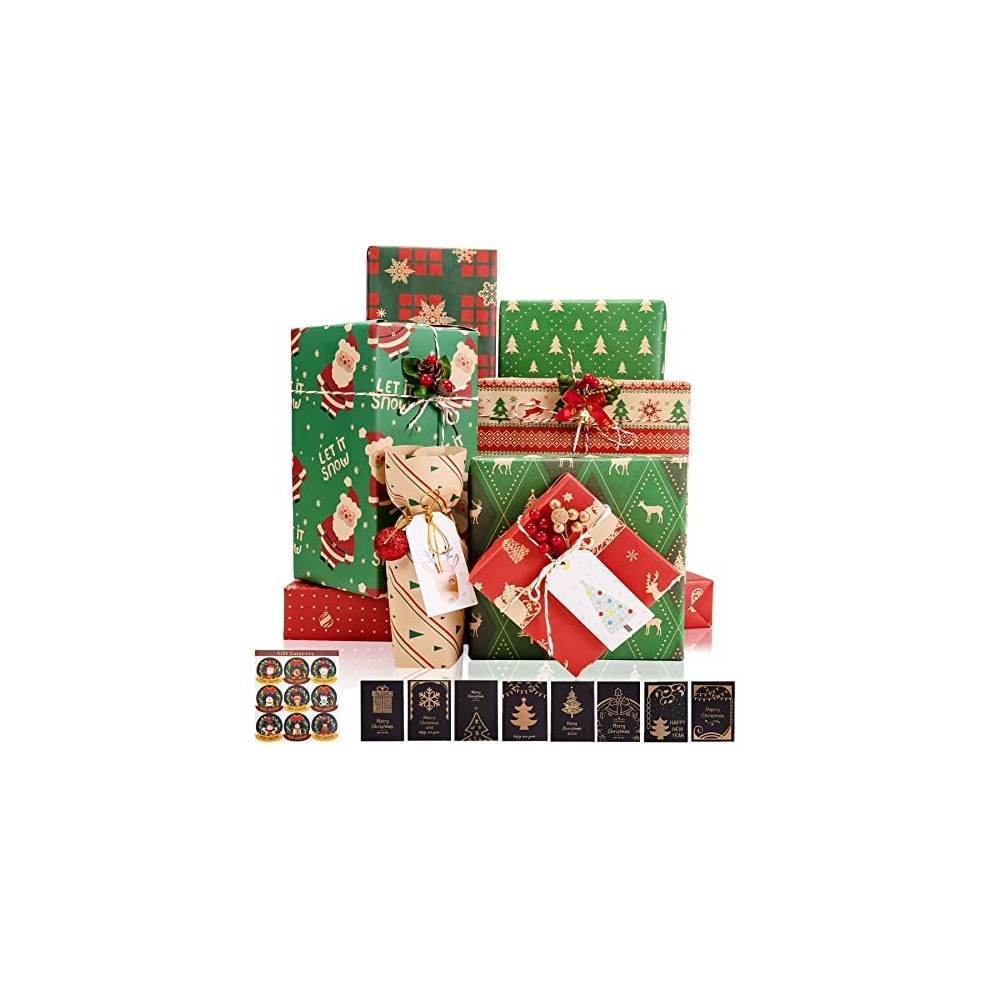 Toptime Christmas Wrapping Paper Set, 8 Sheets Red Green Gift Wrapping Paper w/Cards Envelope Stickers, Vintage Kraft Paper with Santa Reindeer, Xmas