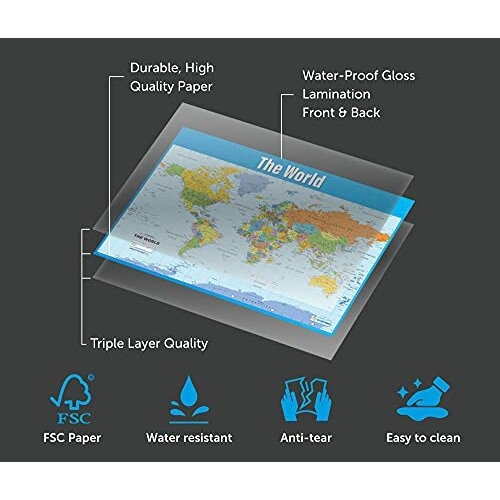 World Map | Geography Posters | Laminated Gloss Paper Measuring 850mm X ...