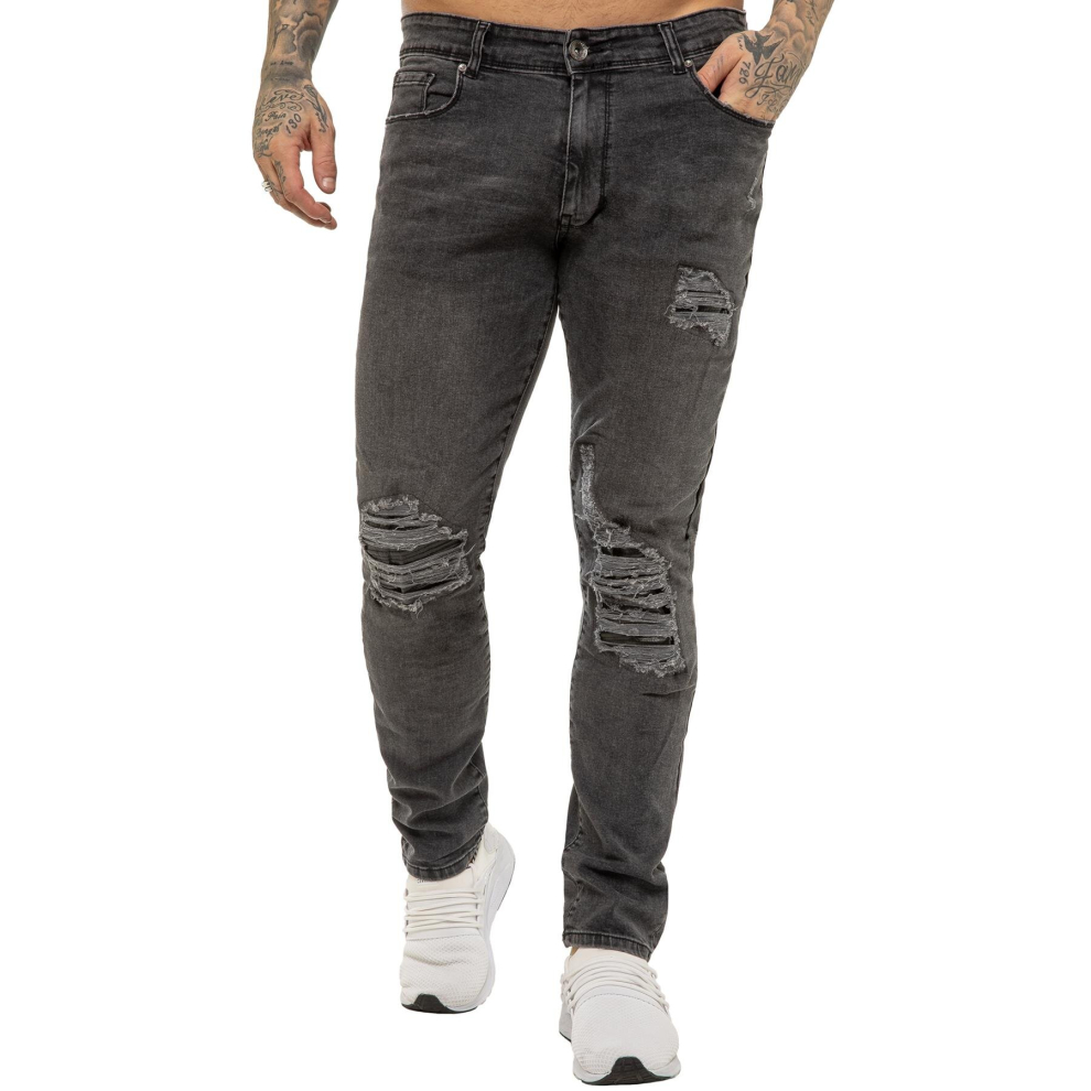 (30W/32L, Grey) Enzo Mens Skinny Ripped Stretch Denim Jeans