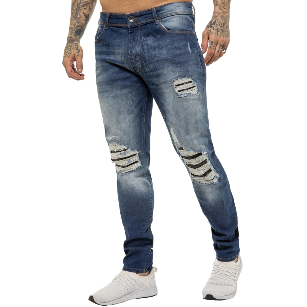 (36W/32L, Blue) Enzo Mens Skinny Ripped Stretch Denim Jeans