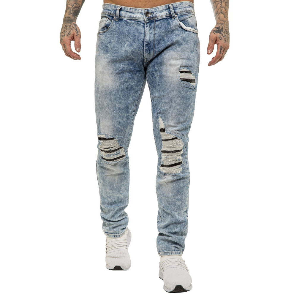 (34W/32L, Sky Blue) Enzo Mens Skinny Ripped Stretch Denim Jeans