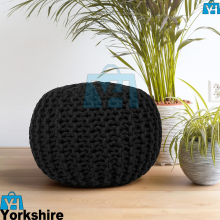 Black Handmade Large 100% Cotton Chunky Knitted Round Pouffe Gift